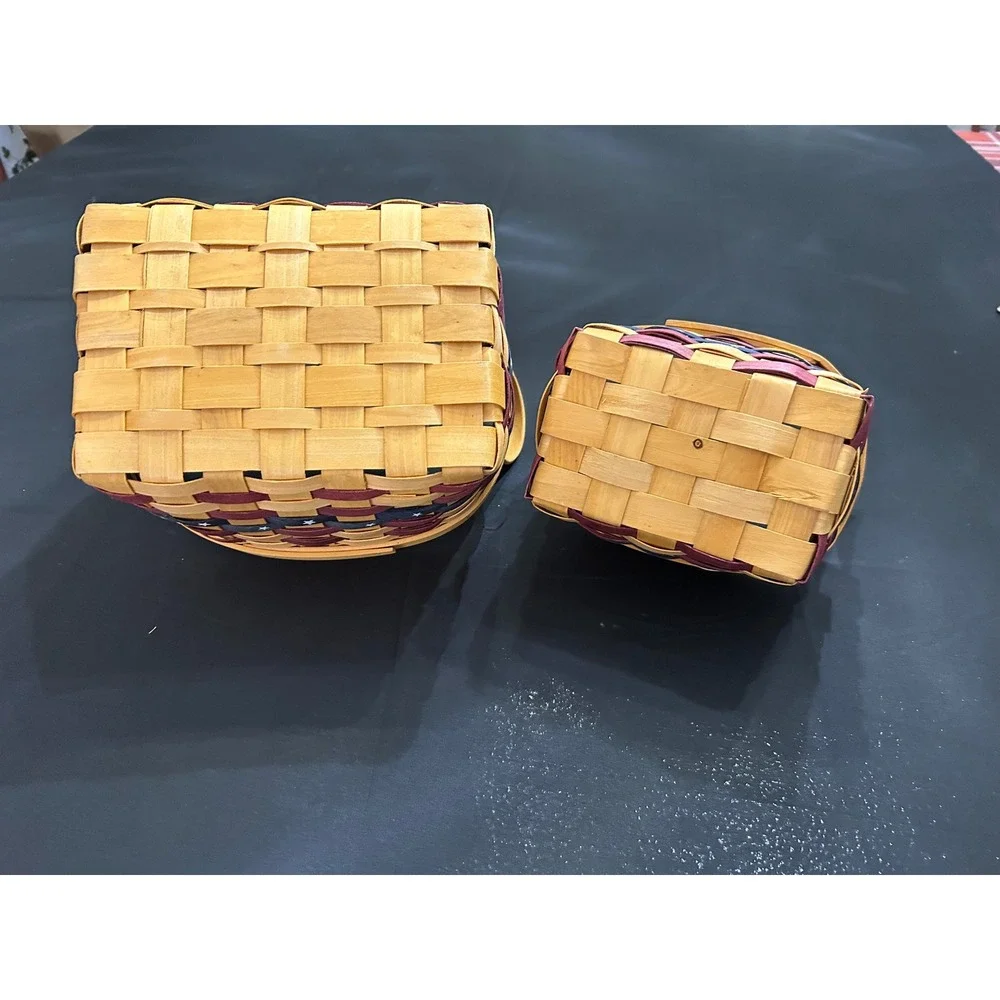 Primitive Woven Basket Set Americana Star Accent Nested Wood Handle Decor Pair